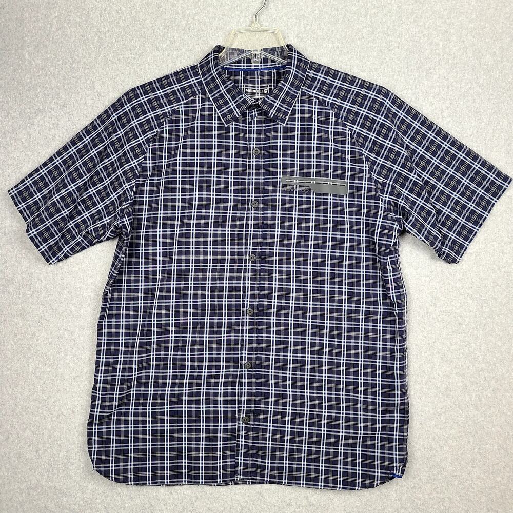 Merrell Opti-Wick UPF 20+ Button Up, Short Sleeve Blue Plaid Mens Large JMS10075